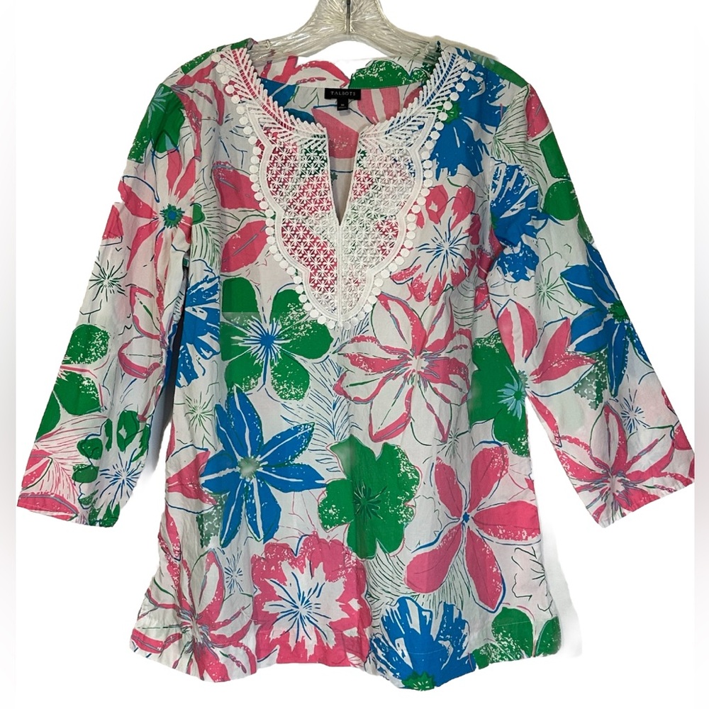 Talbots Womens Bright Floral 3/4 Sleeve Popover Embroidered V-Neck Top Medium